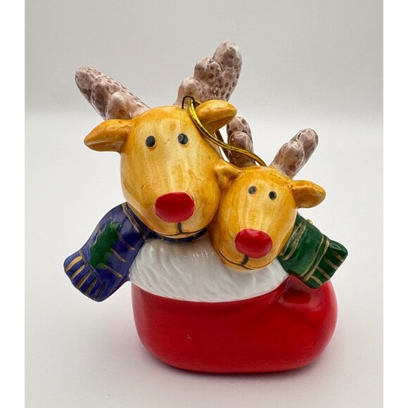 Vintage Reindeer in Stocking Christmas Tree Ornament Hand Painted Ceramic - Picture 7 of 7